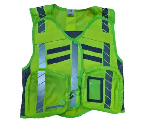 CHALECO DE SEGURIDAD MODELO HI VIS FABRICADO EN NYLON CON CINTA REFLEJANTE TERMOADHERIBLE Y BOLSAS TIPO BOTIQUIN TOTALMENTE AJUSTABLE 